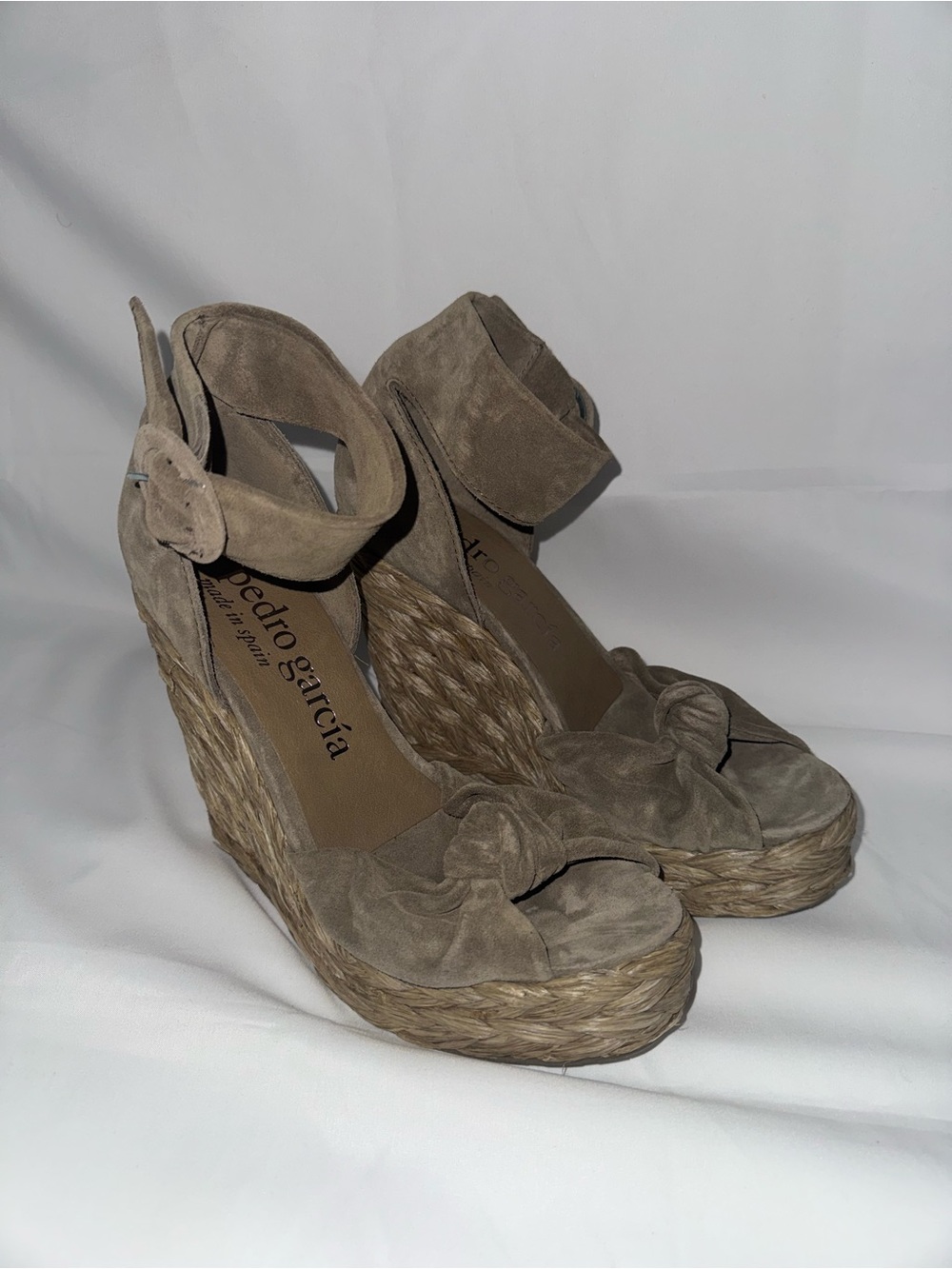 Pedro Garcia Taupe Suede Knotted Wedge Espadrilles